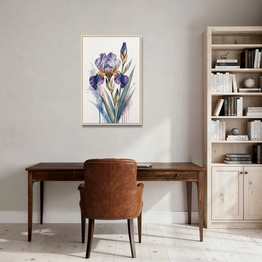 Modern Violet Bearded Iris Flower Splash - Oak Framed Canvas Wall Art - Office - 24x36