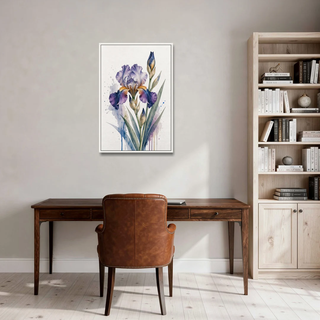 Modern Violet Bearded Iris Flower Splash - White Framed Canvas Wall Art - Office - 24x36