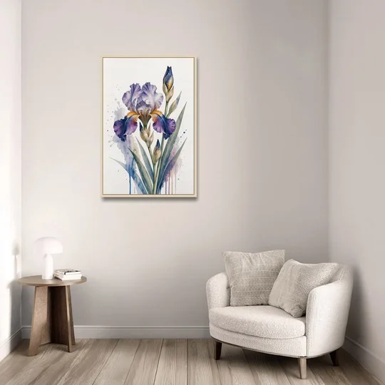 Modern Violet Bearded Iris Flower Splash - Oak Framed Canvas Wall Art - Sofa - 24x36
