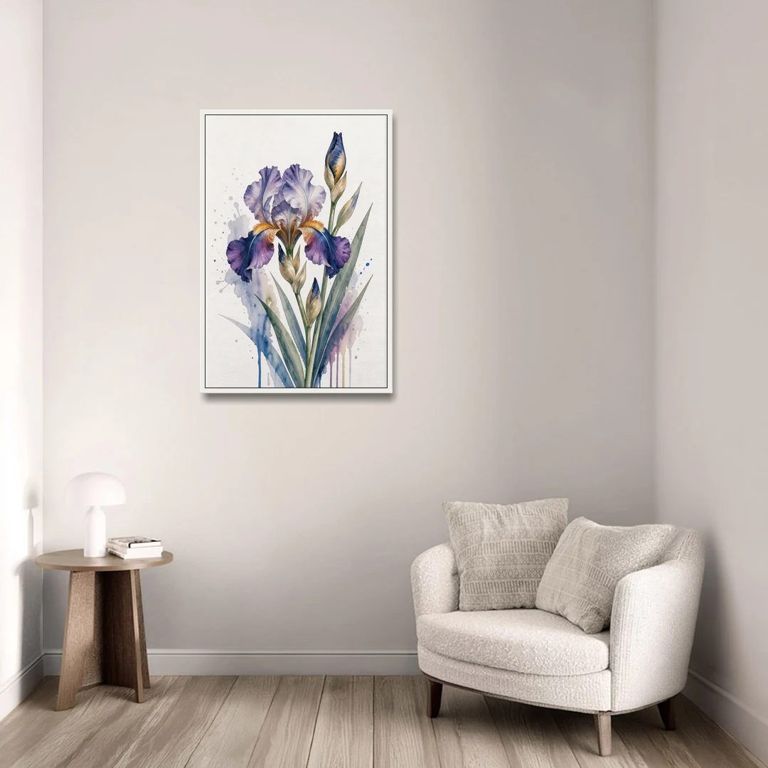 Modern Violet Bearded Iris Flower Splash - White Framed Canvas Wall Art - Sofa - 24x36