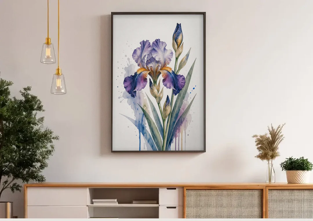 Modern Violet Bearded Iris Flower Splash canvas wall art above a wooden sideboard under pendant lights