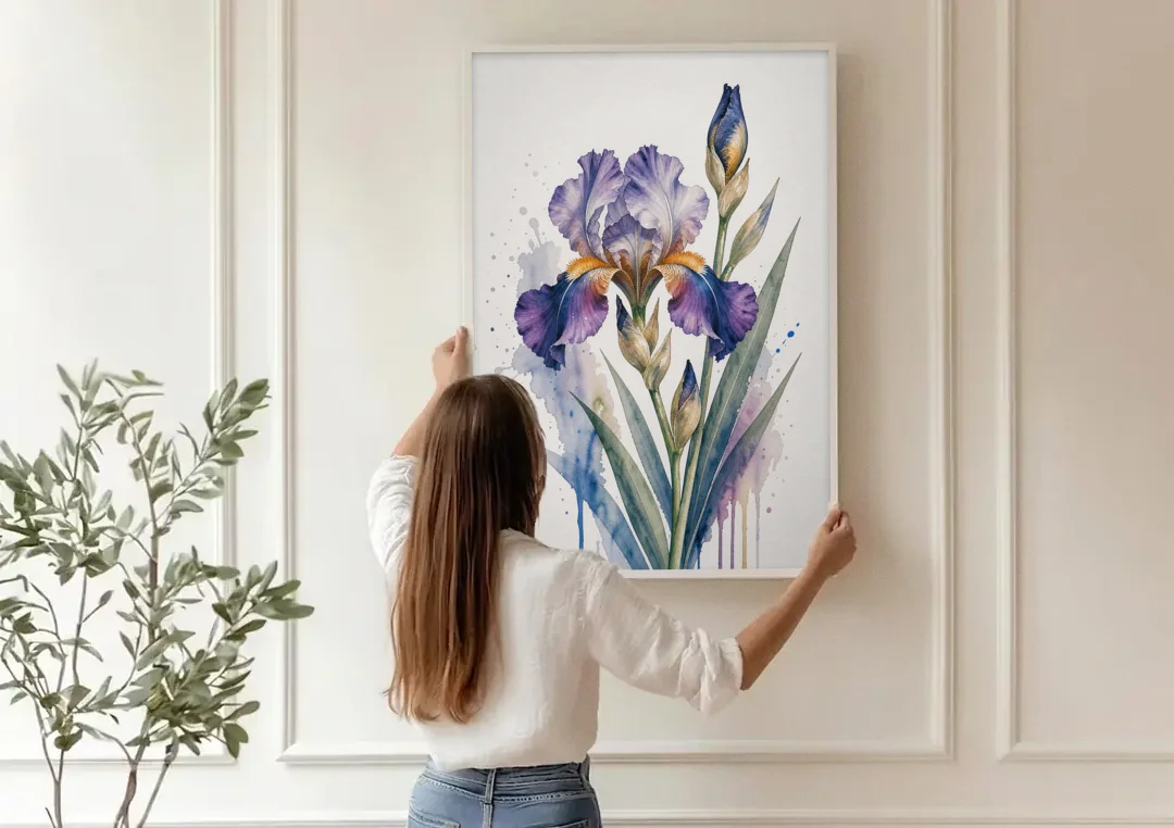 Modern Violet Bearded Iris Flower Splash canvas wall art being hung on a paneled wall