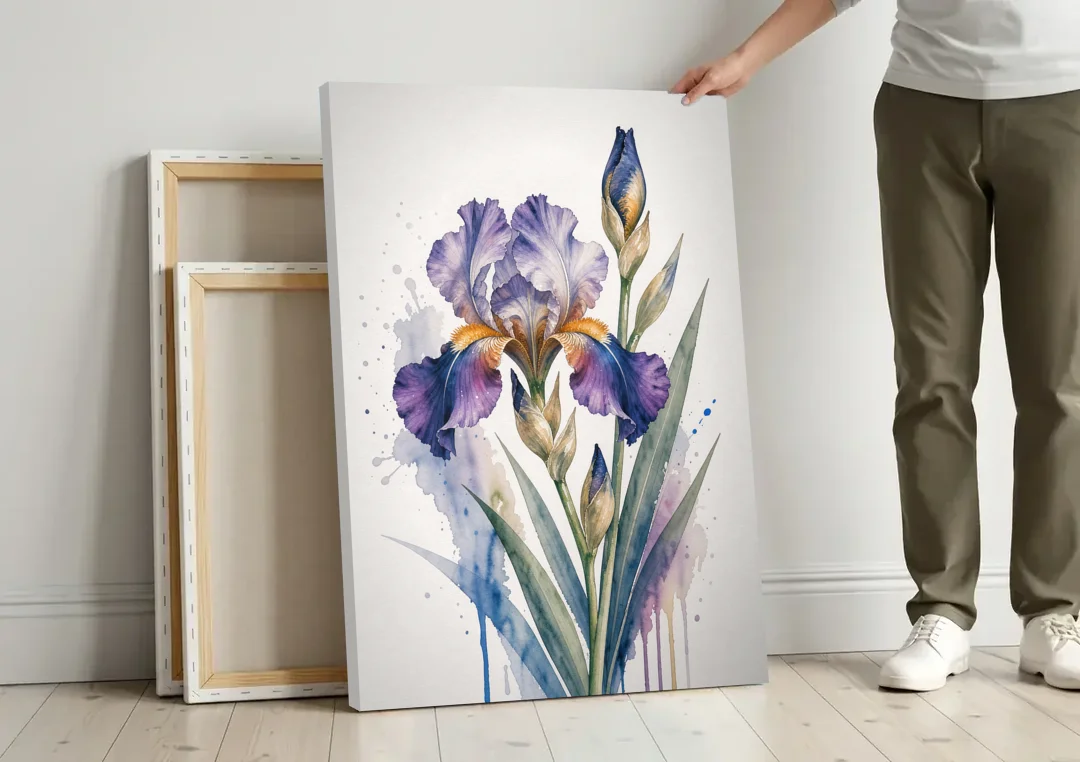Modern Violet Bearded Iris Flower Splash canvas wall art leaning against a wall next to blank canvases