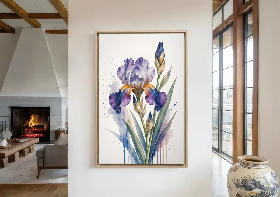 Modern Violet Bearded Iris Flower Splash canvas wall art in a living room with a fireplace
