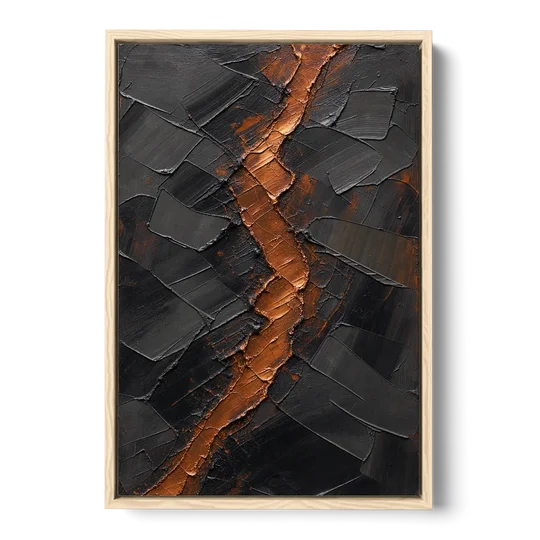 Molten Copper Fissure in Black and Copper - Oak Framed Canvas Wall Art - Front