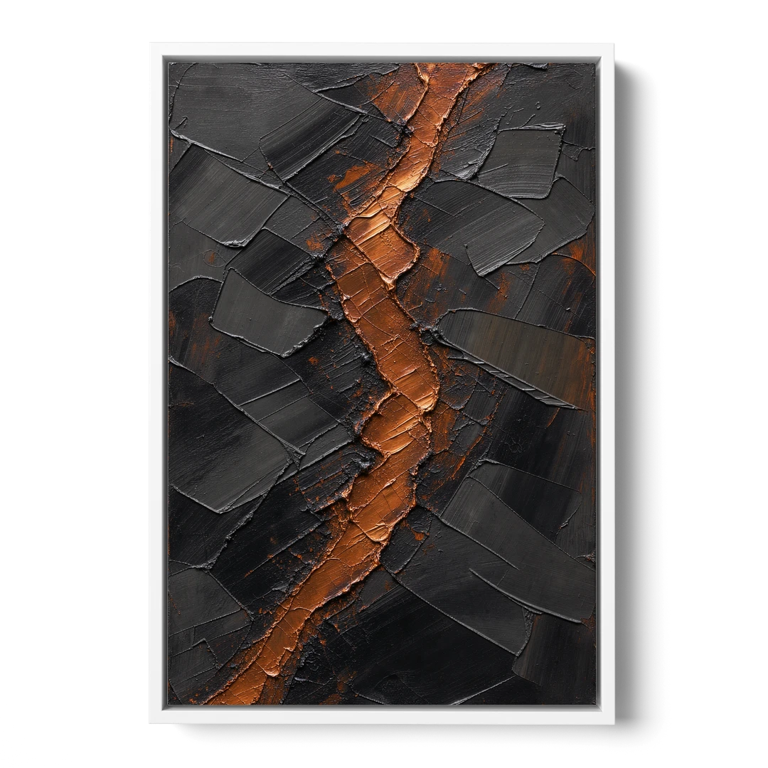 Molten Copper Fissure in Black and Copper - White Framed Canvas Wall Art - Front