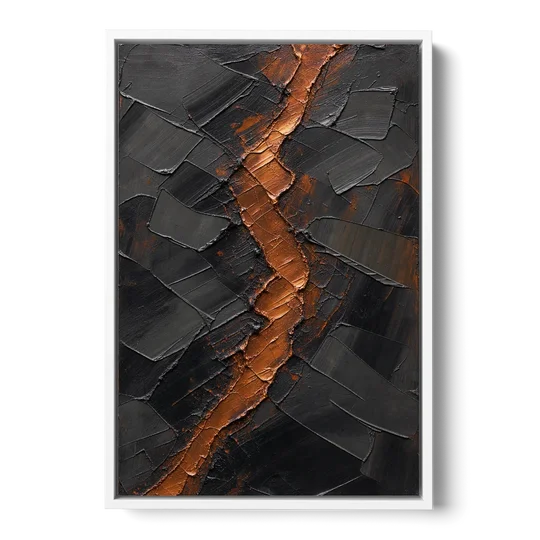 Molten Copper Fissure in Black and Copper - White Framed Canvas Wall Art - Front