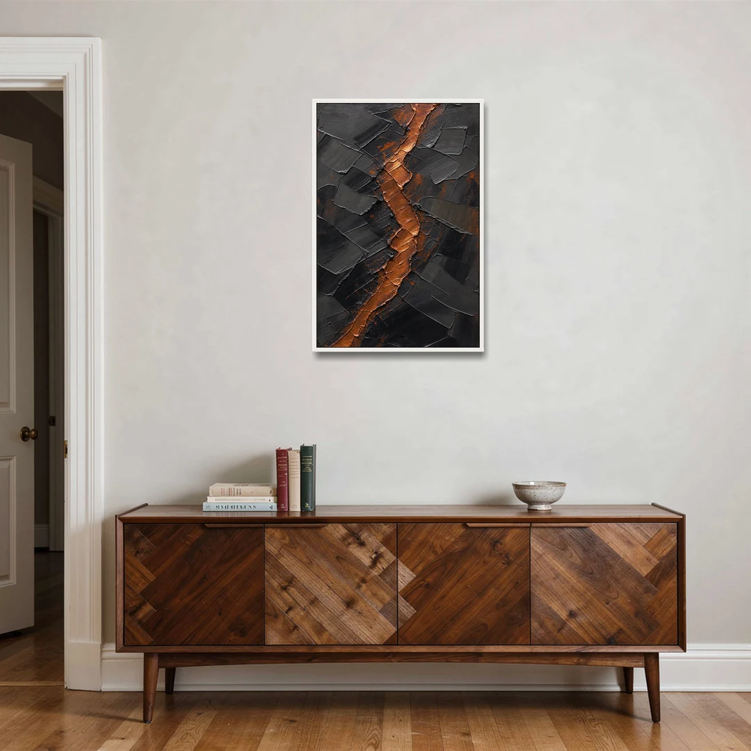 Molten Copper Fissure in Black and Copper - White Framed Canvas Wall Art - Coffee Table - 24x36