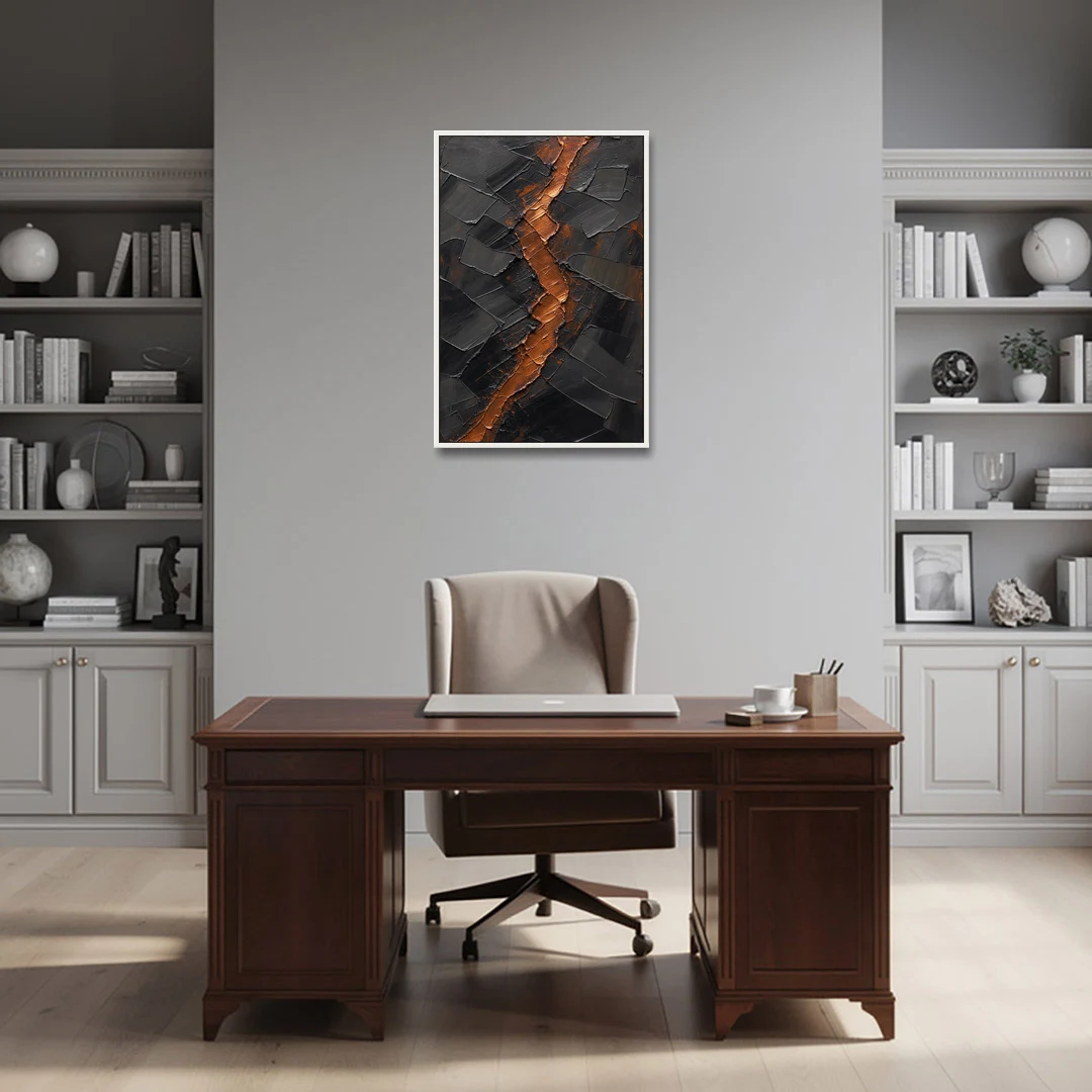 Molten Copper Fissure in Black and Copper - White Framed Canvas Wall Art - Office - 24x36