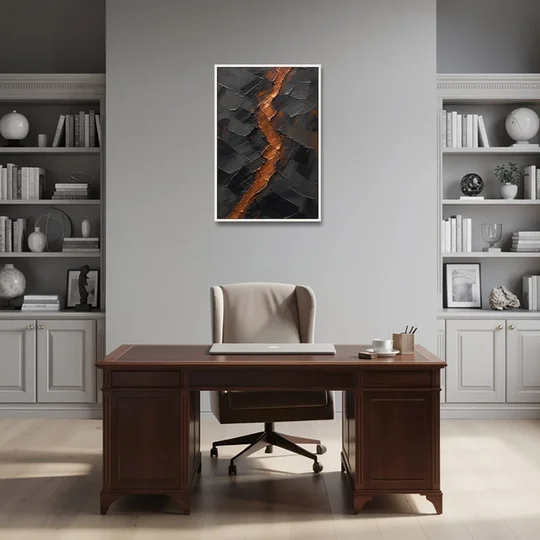 Molten Copper Fissure in Black and Copper - White Framed Canvas Wall Art - Office - 24x36