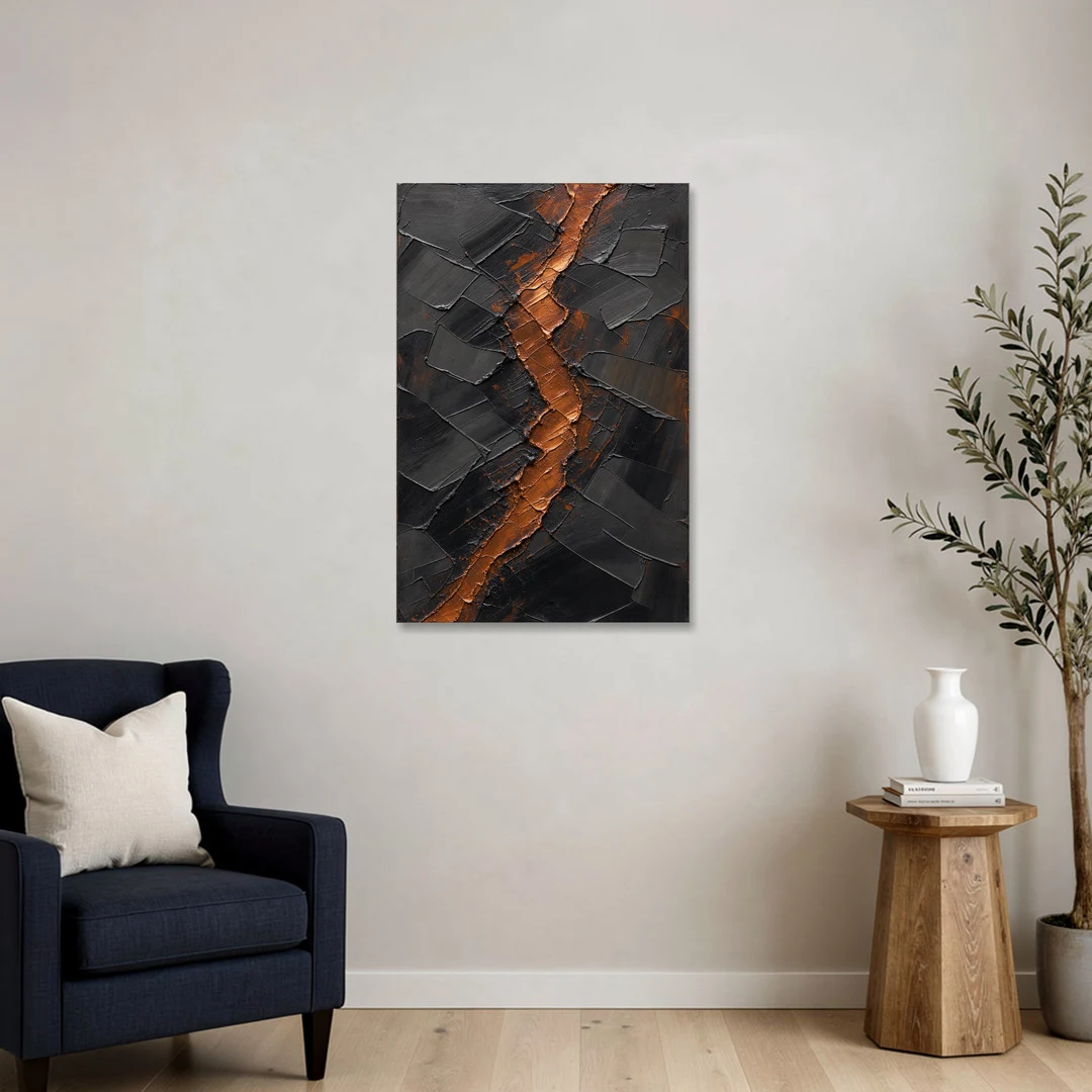 Molten Copper Fissure in Black and Copper - Canvas Wall Art - Sofa - 24x36