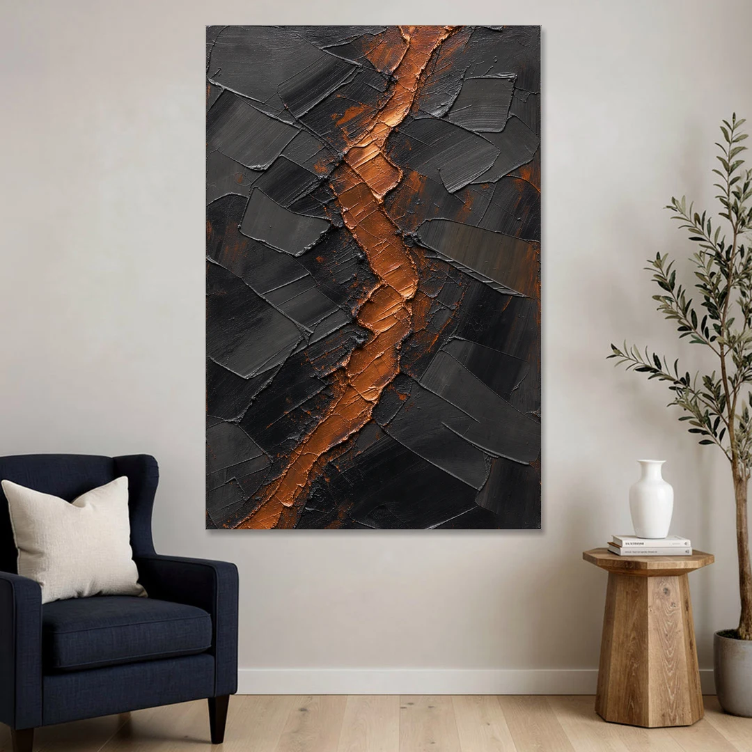 Molten Copper Fissure in Black and Copper - Canvas Wall Art - Sofa - 40x60