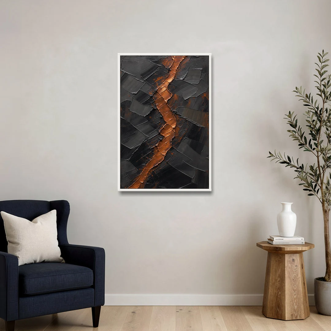 Molten Copper Fissure in Black and Copper - White Framed Canvas Wall Art - Sofa - 24x36
