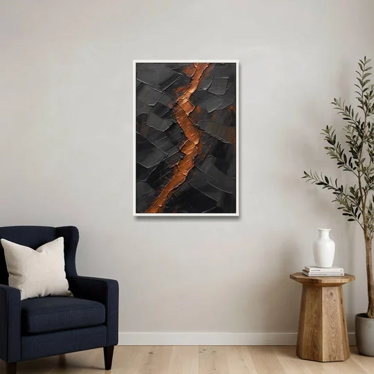 Molten Copper Fissure in Black and Copper - White Framed Canvas Wall Art - Sofa - 24x36