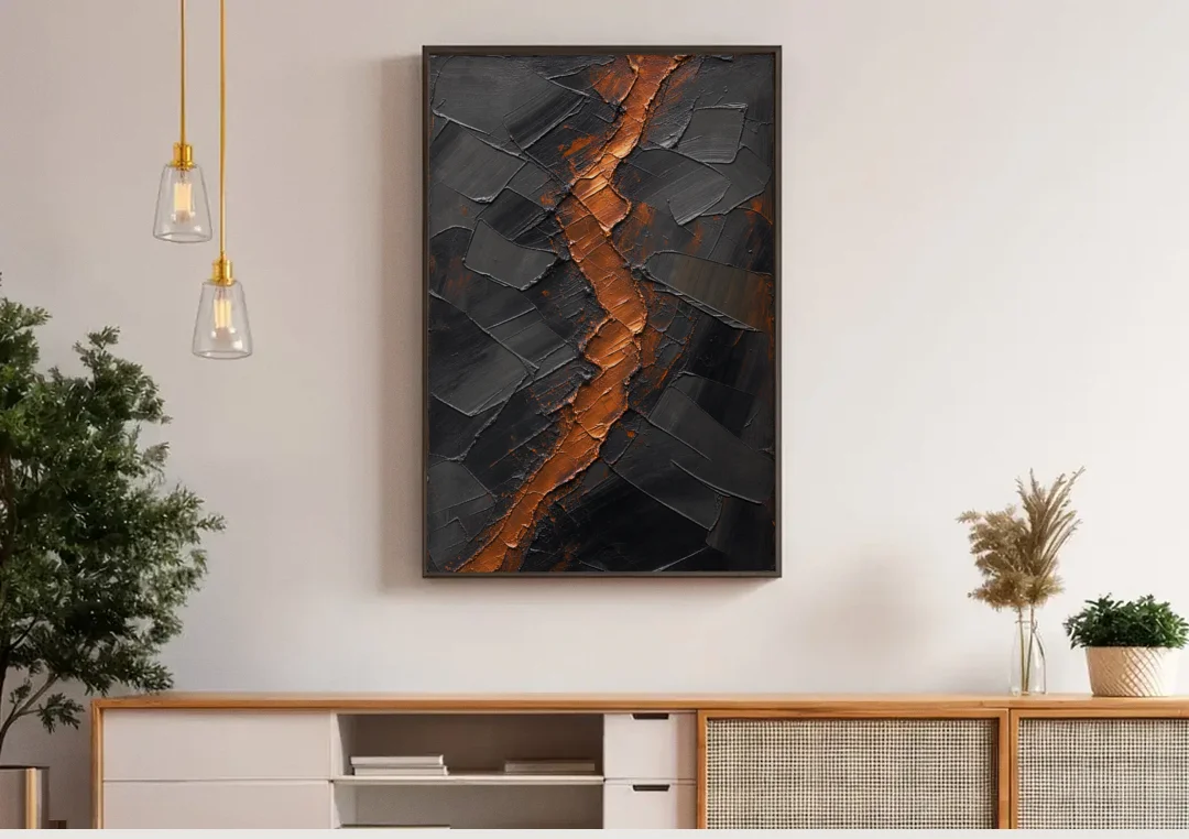 Molten Copper Fissure in Black and Copper canvas wall art above a wooden sideboard under pendant lights