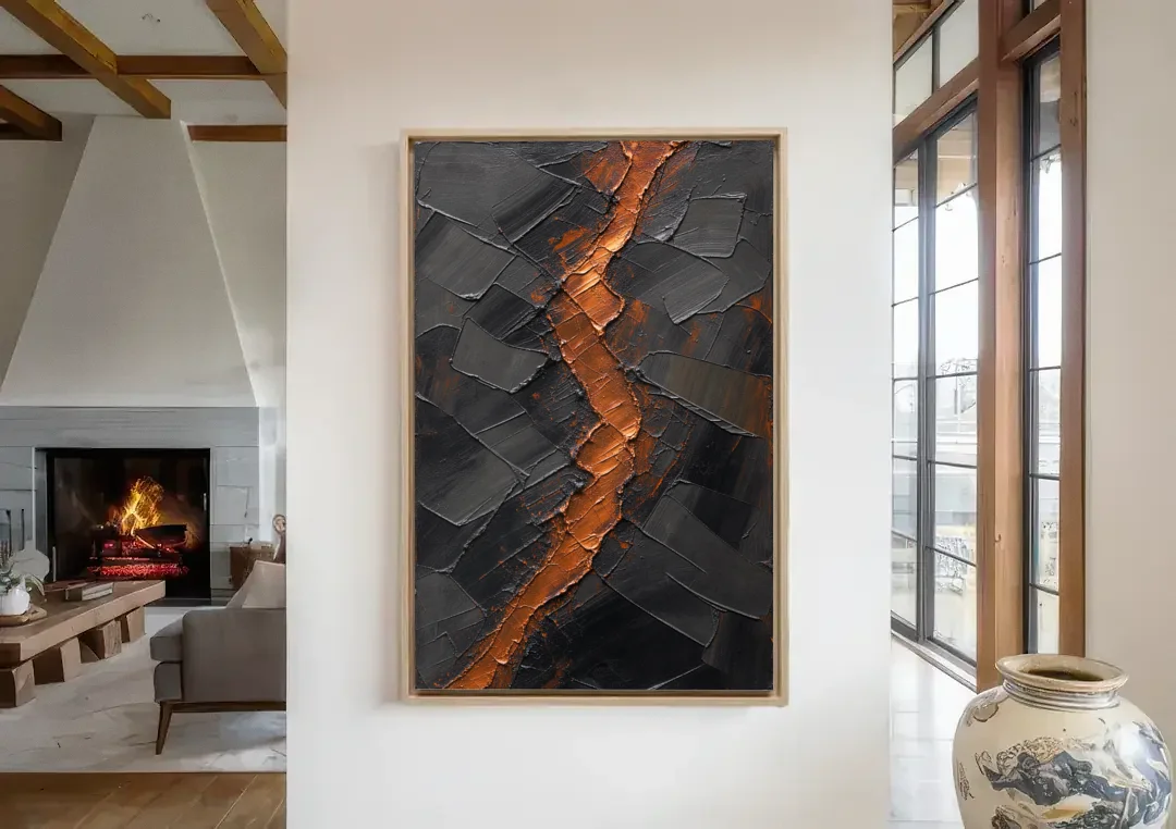 Molten Copper Fissure in Black and Copper canvas wall art in a living room with a fireplace