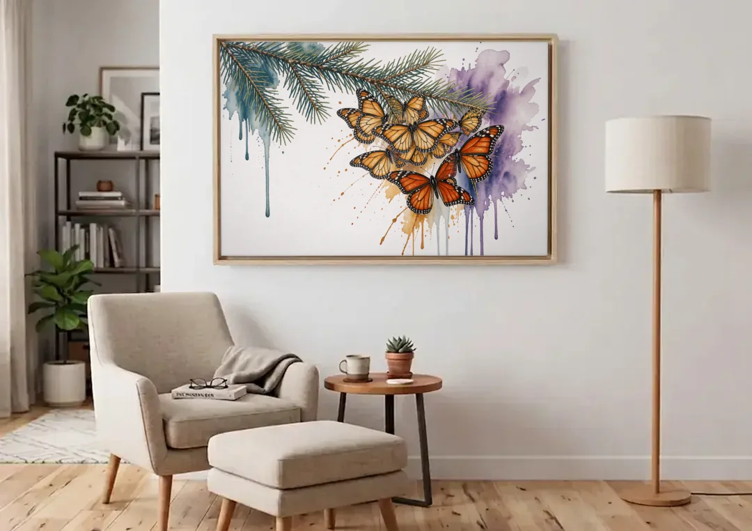 Monarch Butterfly Canvas of a Winter Fir Cluster canvas wall art above an armchair in a bright living room