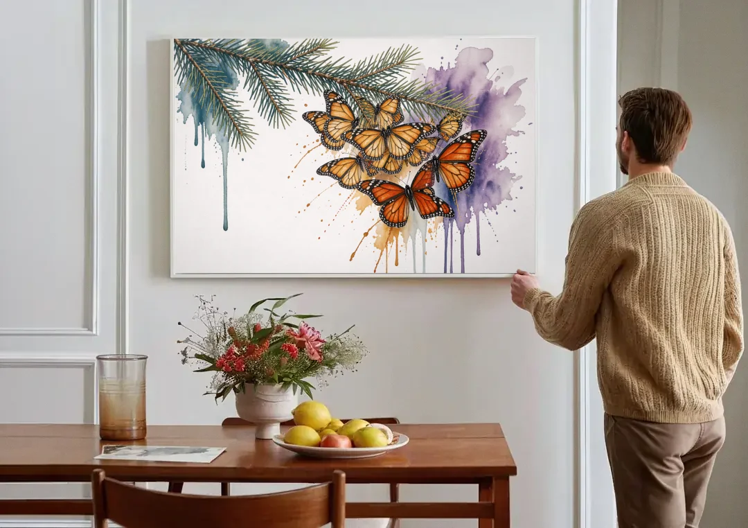 Monarch Butterfly Canvas of a Winter Fir Cluster canvas wall art above a dining table