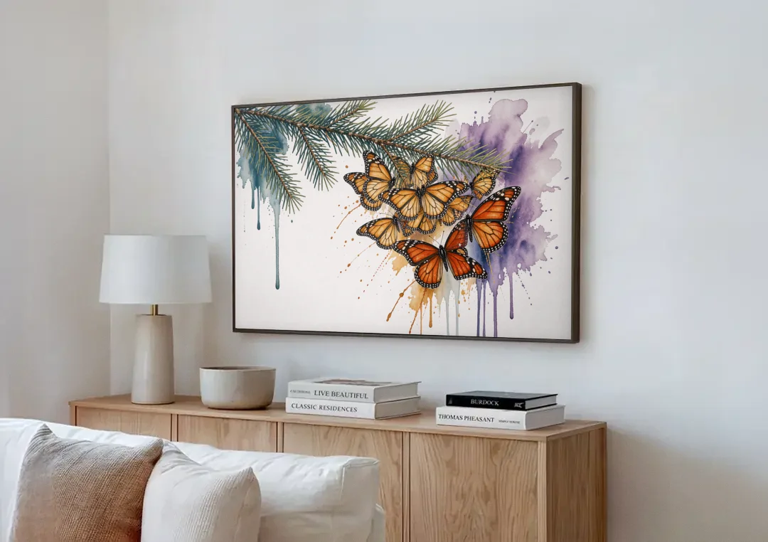 Monarch Butterfly Canvas of a Winter Fir Cluster canvas wall art above a wooden sideboard next to a sofa