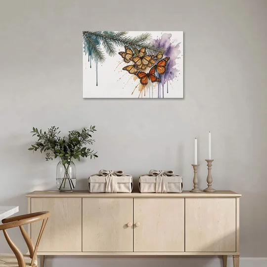 Monarch Butterfly Canvas of a Winter Fir Cluster - Canvas Wall Art - Coffee Table - 36x24