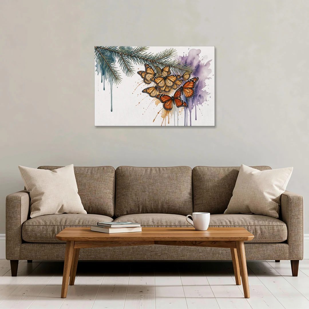 Monarch Butterfly Canvas of a Winter Fir Cluster - Canvas Wall Art - Sofa - 36x24
