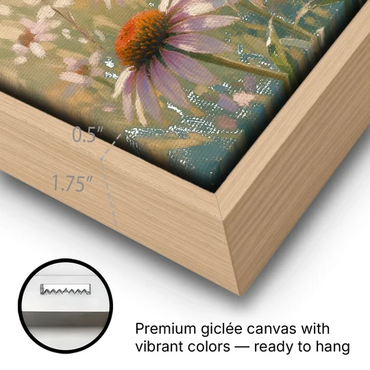 Monarch Butterfly Painting on a Purple Coneflower - Oak Framed Canvas Wall Art - Gallery Wrap Corner