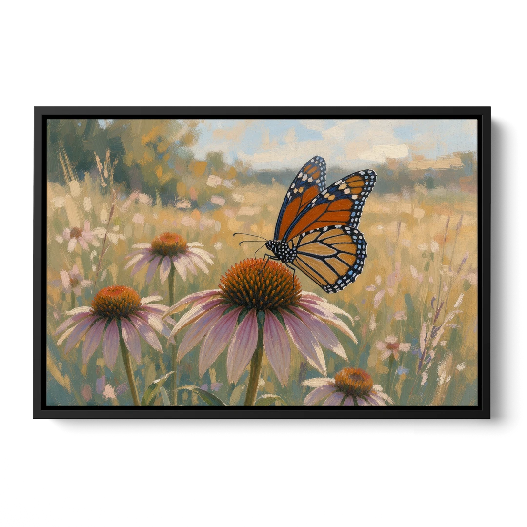 Monarch Butterfly Painting on a Purple Coneflower - Black Framed Canvas Wall Art - Front