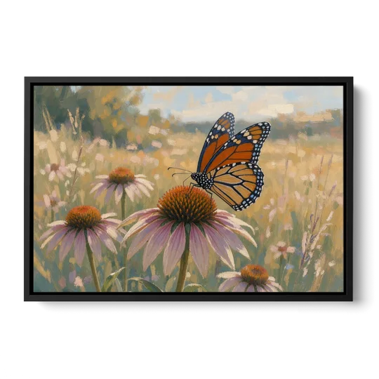 Monarch Butterfly Painting on a Purple Coneflower - Black Framed Canvas Wall Art - Front
