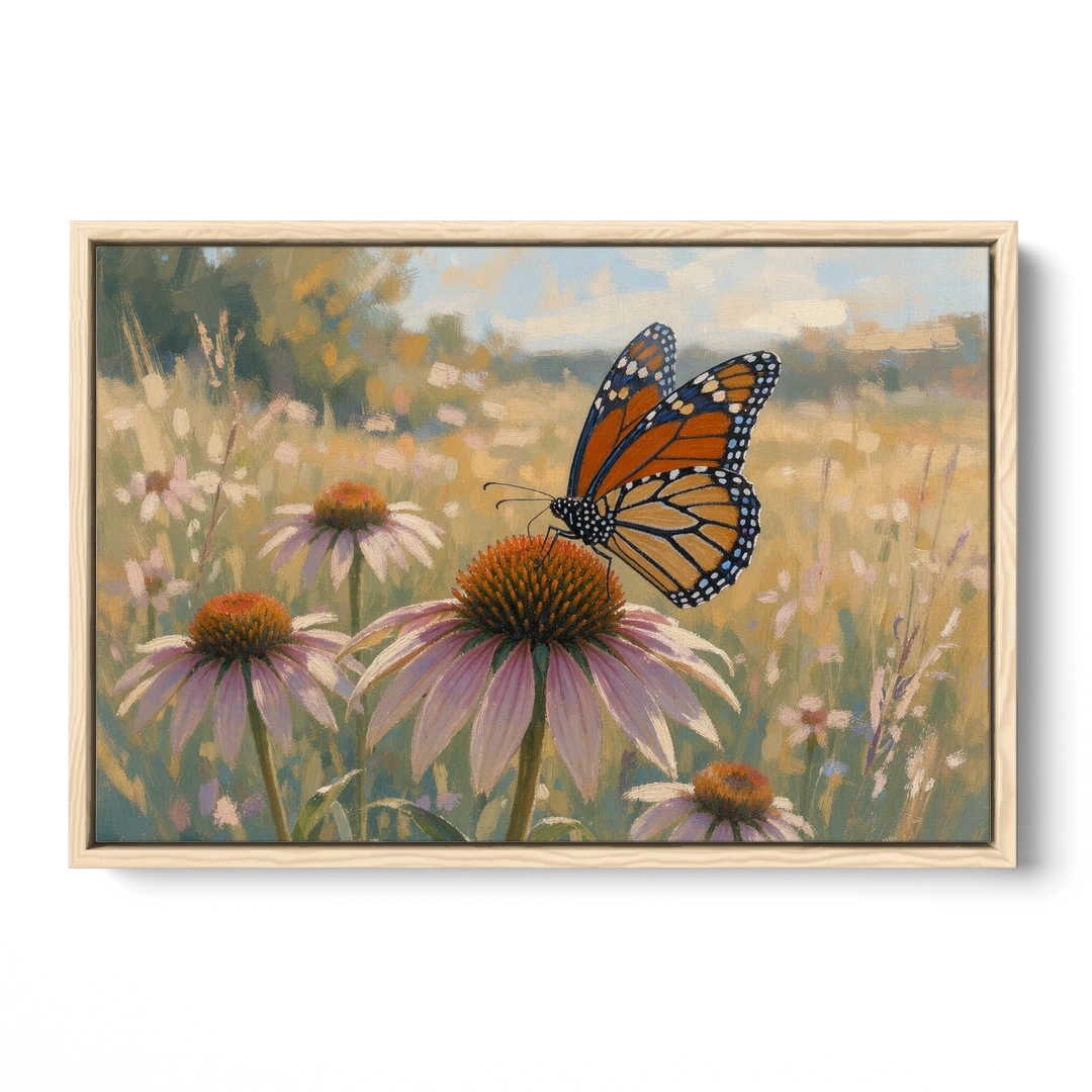 Monarch Butterfly Painting on a Purple Coneflower - Oak Framed Canvas Wall Art - Front