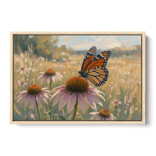Monarch Butterfly Painting on a Purple Coneflower - Oak Framed Canvas Wall Art - Front