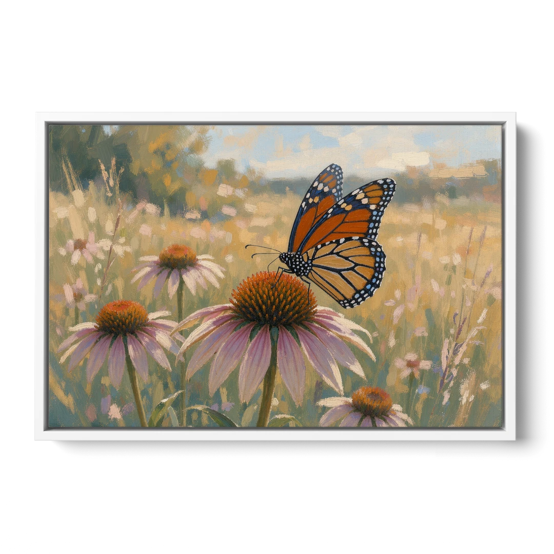Monarch Butterfly Painting on a Purple Coneflower - White Framed Canvas Wall Art - Front