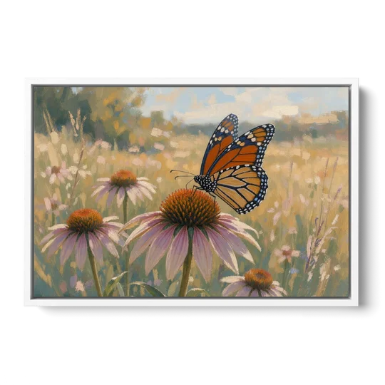 Monarch Butterfly Painting on a Purple Coneflower - White Framed Canvas Wall Art - Front