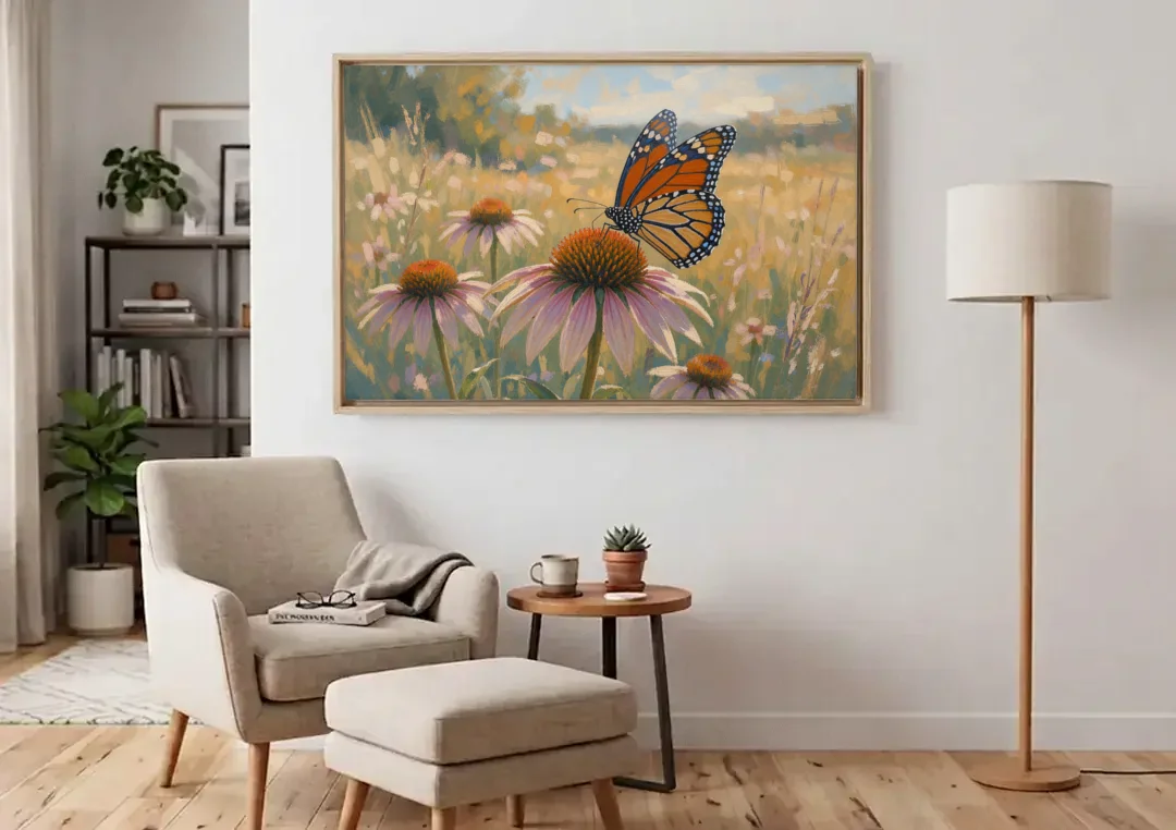 Monarch Butterfly Painting on a Purple Coneflower canvas wall art above an armchair in a bright living room