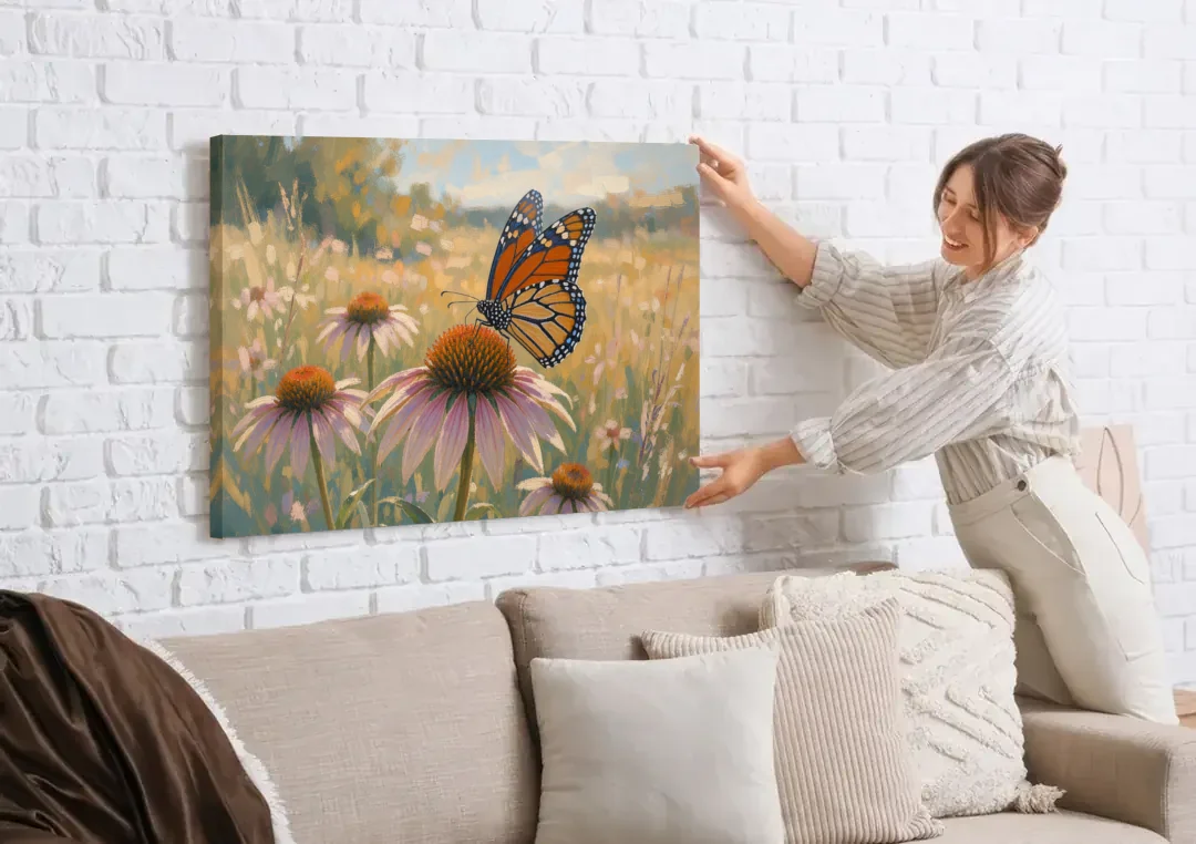 Monarch Butterfly Painting on a Purple Coneflower canvas wall art being hung on a white brick wall above a sofa