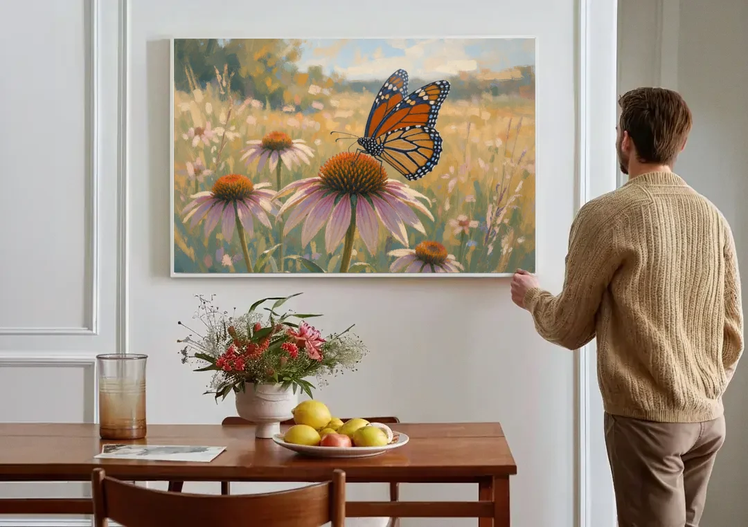 Monarch Butterfly Painting on a Purple Coneflower canvas wall art above a dining table