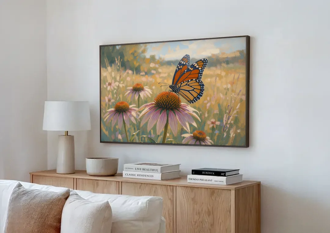 Monarch Butterfly Painting on a Purple Coneflower canvas wall art above a wooden sideboard next to a sofa
