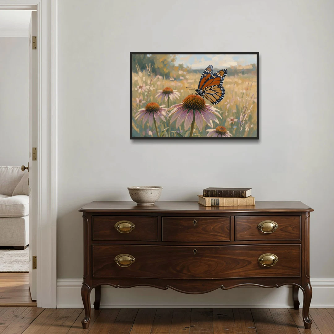 Monarch Butterfly Painting on a Purple Coneflower - Black Framed Canvas Wall Art - Coffee Table - 36x24
