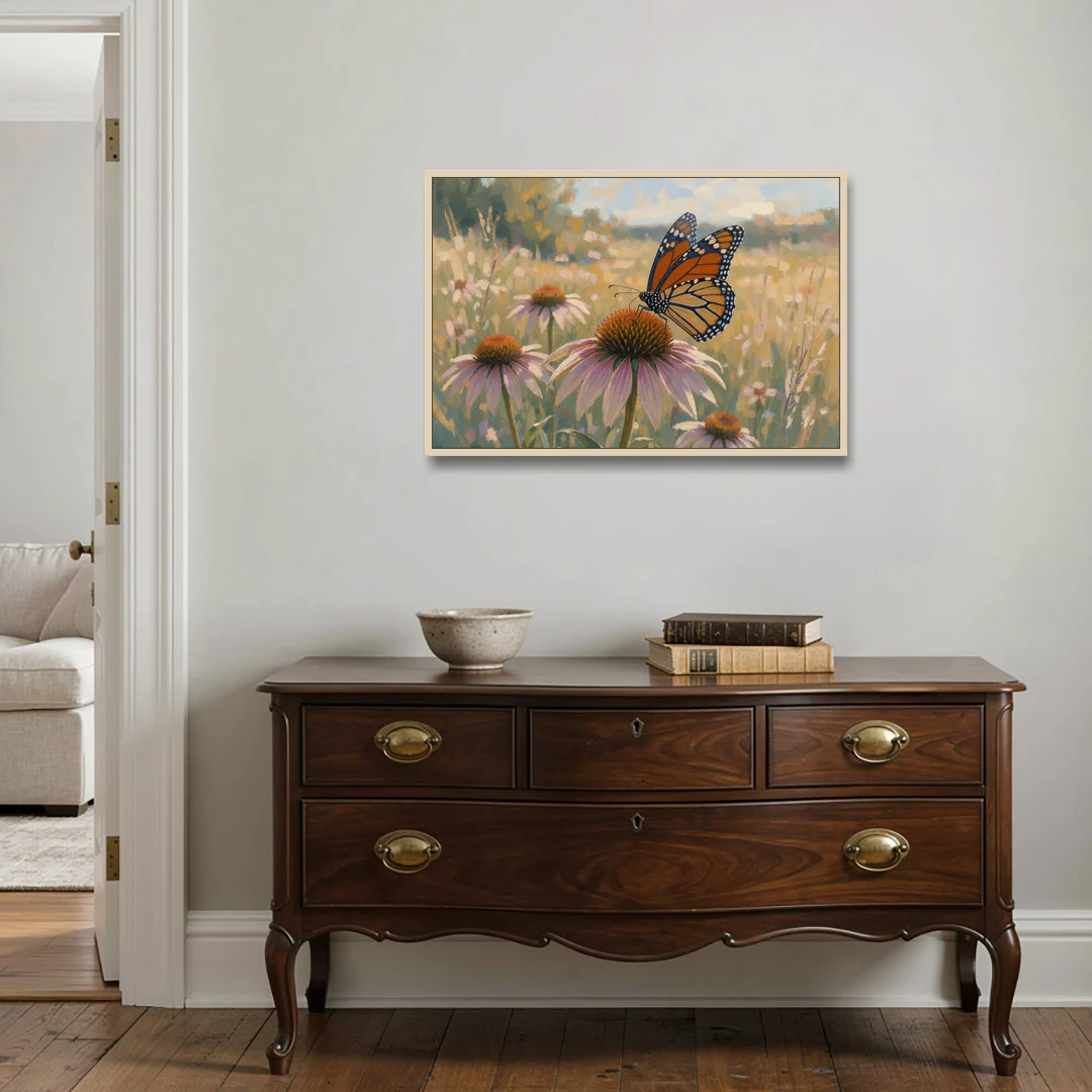 Monarch Butterfly Painting on a Purple Coneflower - Oak Framed Canvas Wall Art - Coffee Table - 36x24