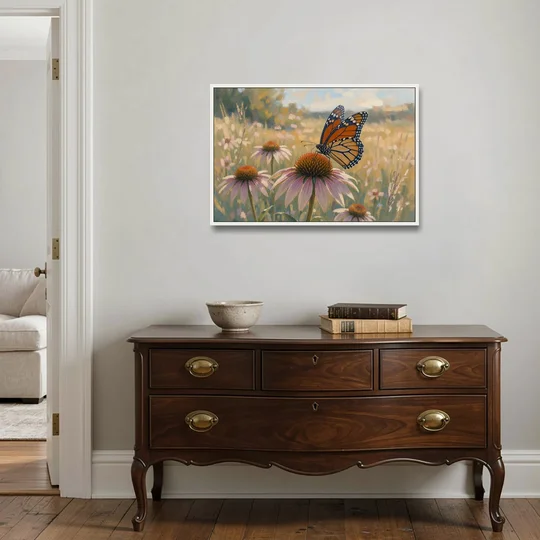 Monarch Butterfly Painting on a Purple Coneflower - White Framed Canvas Wall Art - Coffee Table - 36x24