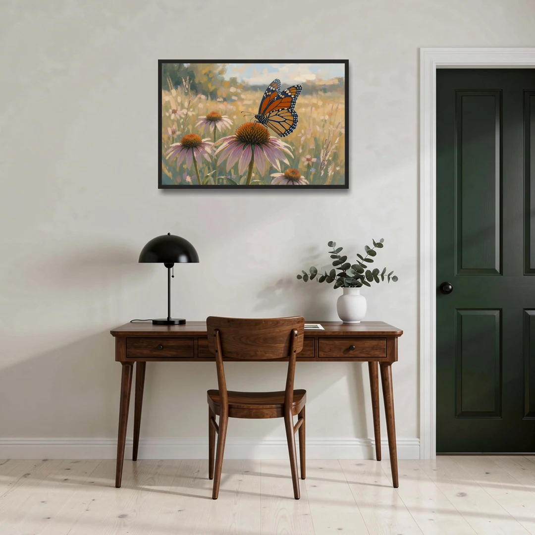 Monarch Butterfly Painting on a Purple Coneflower - Black Framed Canvas Wall Art - Office - 36x24