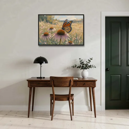Monarch Butterfly Painting on a Purple Coneflower - Black Framed Canvas Wall Art - Office - 36x24