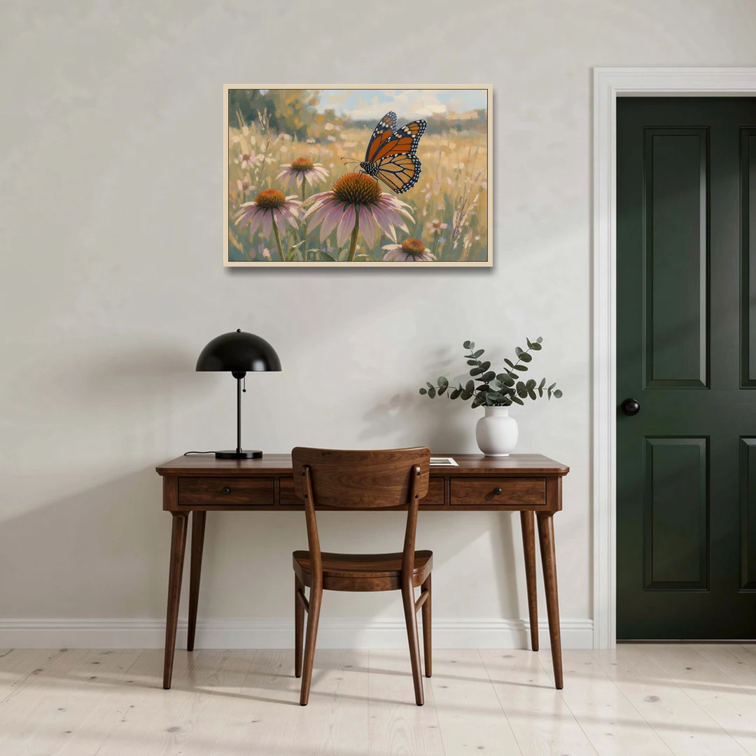 Monarch Butterfly Painting on a Purple Coneflower - Oak Framed Canvas Wall Art - Office - 36x24