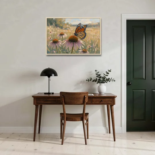 Monarch Butterfly Painting on a Purple Coneflower - Oak Framed Canvas Wall Art - Office - 36x24