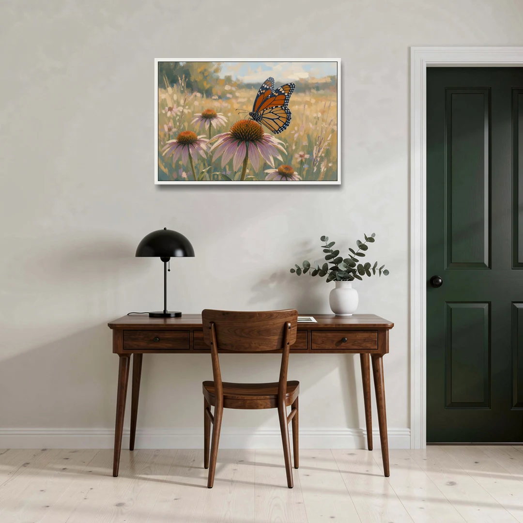 Monarch Butterfly Painting on a Purple Coneflower - White Framed Canvas Wall Art - Office - 36x24
