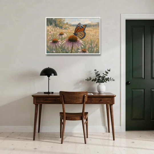 Monarch Butterfly Painting on a Purple Coneflower - White Framed Canvas Wall Art - Office - 36x24