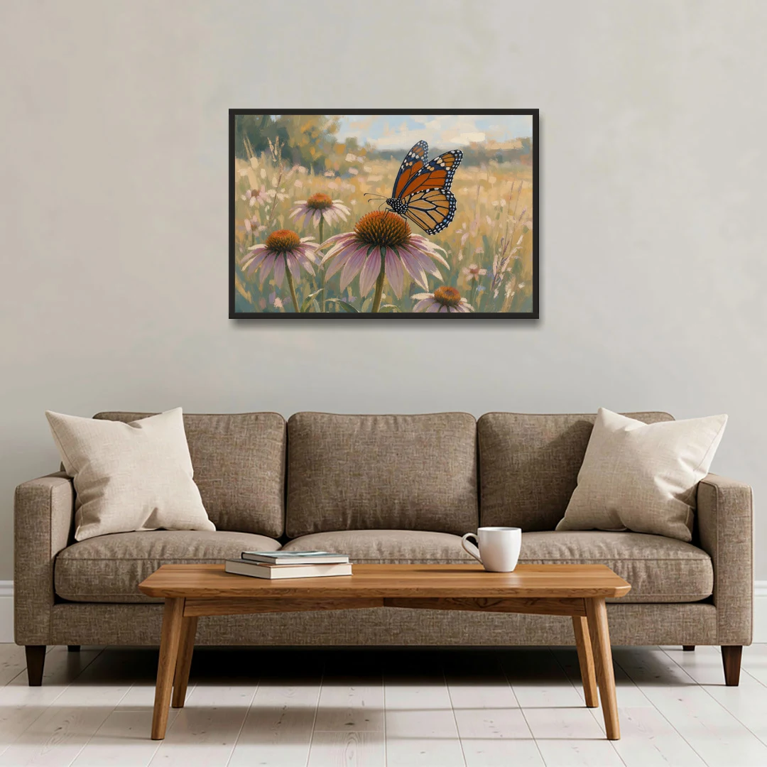 Monarch Butterfly Painting on a Purple Coneflower - Black Framed Canvas Wall Art - Sofa - 36x24
