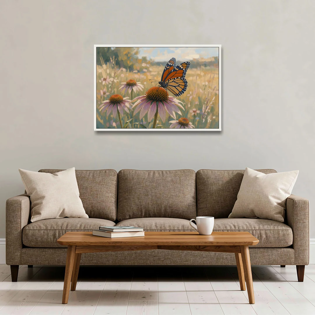 Monarch Butterfly Painting on a Purple Coneflower - White Framed Canvas Wall Art - Sofa - 36x24