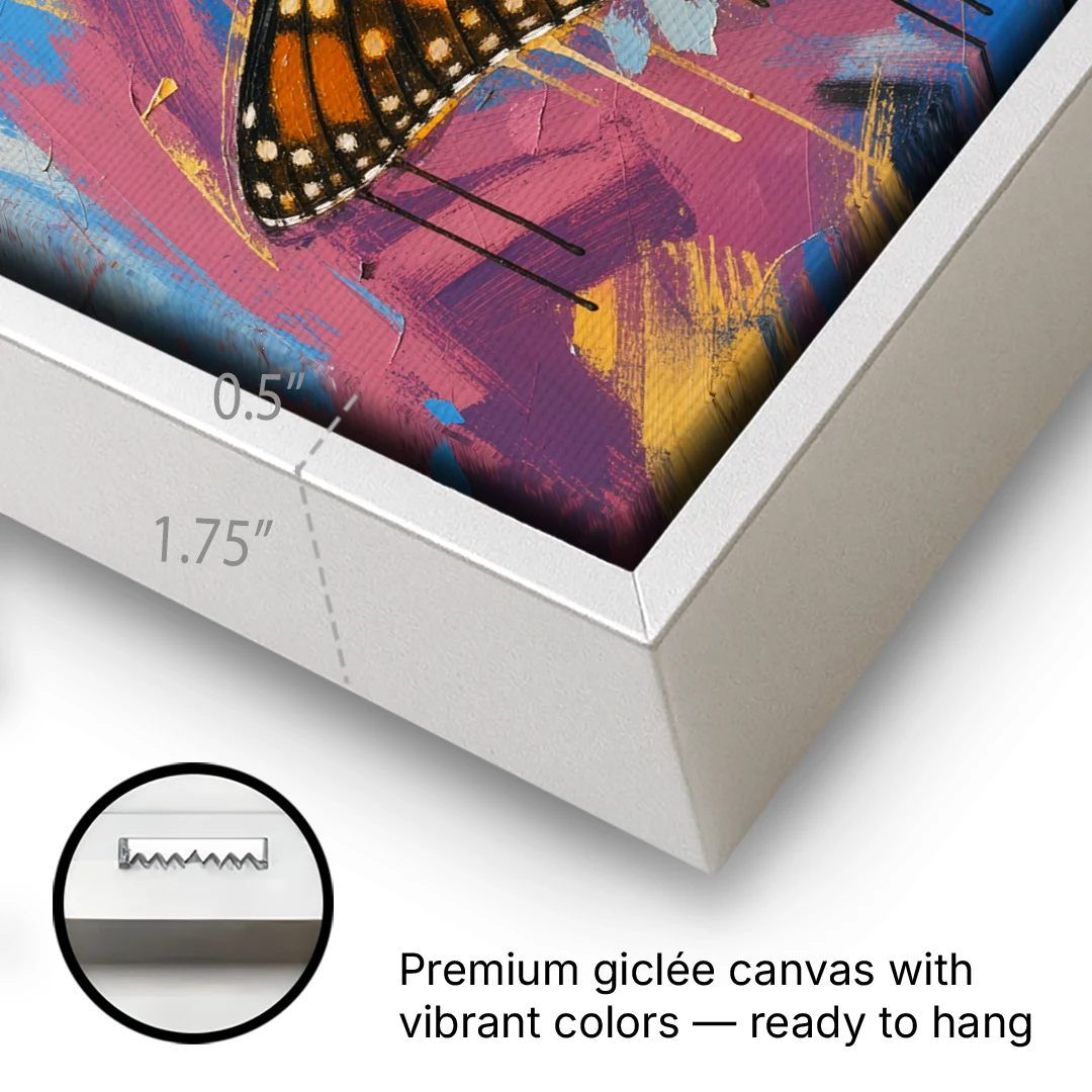 Monarch Butterfly Wall Art with Dripping Wings - White Framed Canvas Wall Art - Gallery Wrap Corner