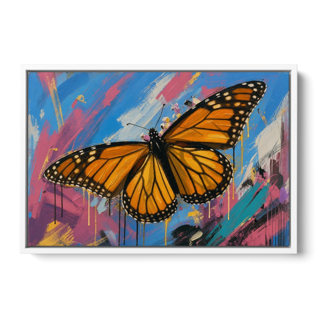 Monarch Butterfly Wall Art with Dripping Wings - White Framed Canvas Wall Art - Front