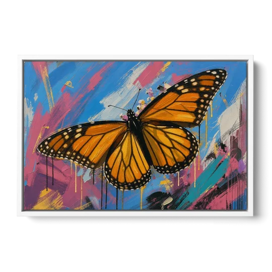Monarch Butterfly Wall Art with Dripping Wings - White Framed Canvas Wall Art - Front